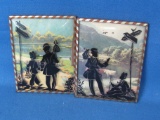 2 Vintage Silhouette Prints in Striped Frames – Man & Boy Traveling Together by Road Signs