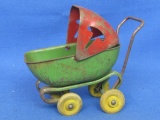 Wyandotte Pressed Steel Toy Baby Buggy with Wood Wheels 4” T x 5” L – Stamped Made in USA