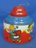 Ohio Art  Tin Litho Music Box Toy with  crank – working –5” DIA x 5 1/2” Tall