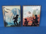 2 Silhouette Prints – 4” x 5” - Fisherman by Mountain – Father & Son Blowing Bubbles -