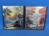 Two Autumn Sunset Scenes w/ Silhouette Accents – Boy and Sheep – Forest and Stream -