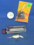 Rapala Jointed Shadrap lure in box, New 1 oz Musky Mugger & Tin of Pflueger Fish Hooks