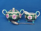 Unmarked Porcelain Creamer & Covered Sugar – Hand Painted – Green w Pink Flowers