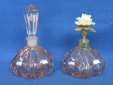 Pair of Pink Glass Perfume Bottles – 1 with Stopper – 1 w Atomizer with Rose – 4 3/4” tall