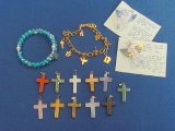 11 Different Stone Crosses – Charm Bracelet w Religious Symbols – Bracelet w Mary charm