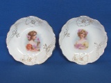 2 Porcelain Bowls w Transfers of Young Women – 5 1/4” in diameter – Gold Trim – Unmarked