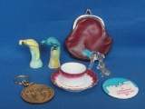 Lot of Smalls: Ceramic Birds – Glass Elephant & Cat – Mayo Key Chain – Vintage Leather Coin Purse