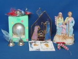 Christmas Lot: Glass Nativity Candle Holder – Music Box – Bells & Ornaments & more...