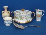 Lot: T&V Limoges Tureen (Damaged) Small Pitcher – Silverplate Serving Spoon – Cup
