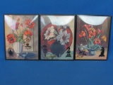 Vintage Lockhardt Flower Prints with Silhouette Accents – 6 ¼” x 8 ¼” - Set of 3 -
