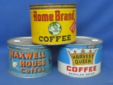 3 Vintage Coffee Tins: 1lb Size – Home Brand, Maxwell House & Harvest Queen (Red Owl)