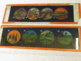 2 Antique German Ernst & Plank 4 Scene Magic Lantern Slides Indians to Railroad, Shipwreck