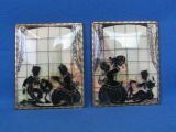 Two 4”x5” Silhouette Prints of Children Studying & Playing by Window – Striped Steel Frames