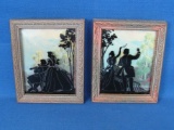 2 Vintage 4”x5” Silhouettes of Couples Waving & Over-looking Woods – Wood Frames –