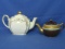 Vintage Sadler Cube Teapot Ivory Color  & Gilded (Sadler?) Teapot w/Brown & Sky blue – England