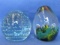 2 Vintage Glass Paperweights: Round Bubble Glass  & Flame Shaped  with Multicolored Glass Flower 3”