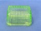 Transparent Green Glass Butter Dish – Says “Butter” - 7” by 4” - One Corner Has Chip -