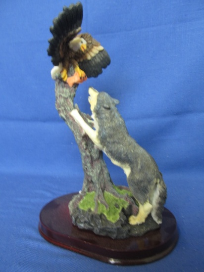 Wolf Challenges an Eagle for its Newly Caught Salmon – 10” T Resin on a Wooden Base