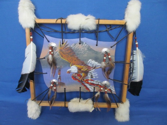 Native American Wall Art: Rabbit Fur, Suede, Feathers & Print -  Frame is 21” T x 18” W