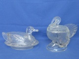 Turkey & Duck – Covered Dished – Pressed Glass -7 1/2” Tall Turkey Candy Dish & 5” T Duck  Oval (but