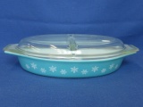 Vintage Pyrex Divided Oval Dish With Clear Divided Glass Lid  - Light Turquoise w/ Snowflakes