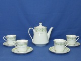 Vintage Allegro Fine China Japan Green & White Scrolls Teapot & Lid 6 1/8”  & 4 Matching Cups & Sauc