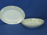 Vintage Allegro Fine China Japan Green & White Scrolls 10” Vegetable Bowl & 12 1/”2” Oval Plalter