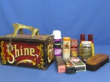 Vintage Shoe Shine Box with Cast Metal Foot Rest/Handle – Box contains Assortment of Polishes & Brus