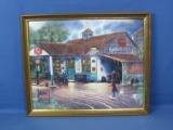 Vintage Print of General Store/Gas Station in Storm with Coca Cola & Other Advertisements