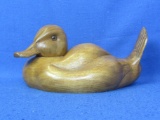 Carved Wooden Ruddy Duck Figurine with Glass Eyes – Butternut Wood – 8 ½” Long 4” Tall