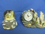 Pair of Resin Wolf Sculpture Table-top Decor Items: Clock & Musical Snow Globe (Born Free)
