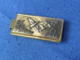 Two-Tone Gold-Colored Metal Money Clip with 3 Ducks Flying Out of of the Cattails -