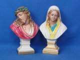 Shelf/Table Ornaments – Plaster Busts of Jesus with Crown of Thorns & Mary – 8” Tall -