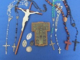 Lot of Religious Items: Crucifixes – Rosaries – Charms - Plastic Crucifix is 10” long