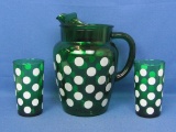 Vintage Glass Pitcher & 2 Tumblers – Forest Green w Polka Dots – Anchor Hocking