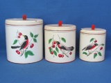 Set of 3 Vintage Tin Canisters – Cherries & Bird – Made by Maid of Honor – 6 1/2” to 8 1/2” tall