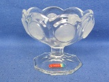 Fostoria Coin Compote – Avon 91st Anniversary – All 'coins' have a different image – Has Sticker