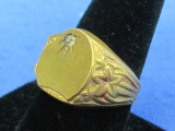 Vintage Brass Ring w Glass Stone – Art Nouveau Flowers on 1 Side – Size 9.25