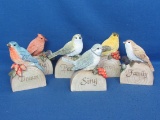 6 Resin Bird Figurines with Words: Peace – Sing – Family, etc..About 4 1/2” tall