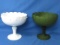 2 Vintage Glass Compote Dishes  - Teardrop Design– one White milk Glass & One Green with frosted fin