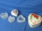 6 Clear Glass  & White Porcelain Heart Shaped Trinket Boxes from 3-6”