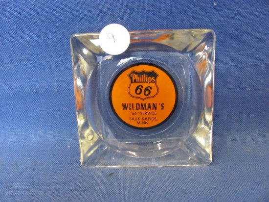 Phillips 66 Glass Ashtray – Wildman's 66 Service Sauk Rapids MN – 3”x3” - Nice Condition