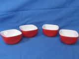 4 Vintage Red & White Pyrex Bowls –  3 1/2” Square S 2” Deep