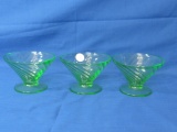 3 Vaseline Glass Cone - Shaped Sherbets with Swirl design – Each appx 4” DIA x 2 3/4” T