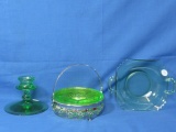 Vintage Green Glass Square Bowl w/ Handles, Candle Stick, Vaseline Glass Divided in Pierced Metal ba