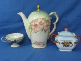 Hand Painted Porcelain Teapot, Lefton Teacup w/ Violets & Bavarian Sugar Bowl (small chip)