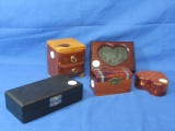 Assortment of 5 Trinket Boxes- 6x3” to 3 1/2” Heart  & 3 1/2” Square Cedar chest w/ drawers