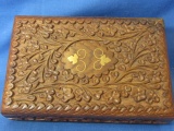 Hand Carved Exotic ?Teak? Wood  Jewel box with Brass Leaf Insets on the Lid –6 x 4x 2”