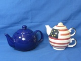 Teapots: Blue Stands appx 5” T & Patriotic Tea Pot & Cup Set (Single Serve) 6” T when stacked