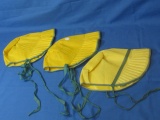 3 Vintage Sunbonnets – Pressed Brims – made of a stiff Yellow fabric with green ties